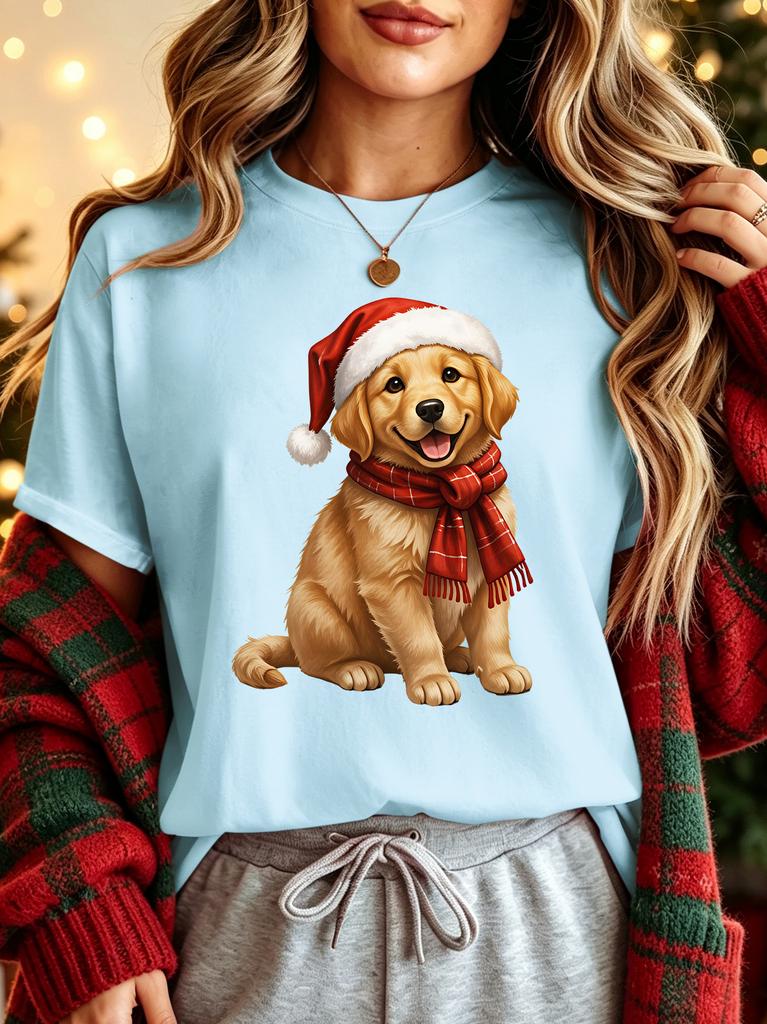 Christmas Golden Retriever Santa Hat Womens Crew Neck Short Sleeve T Shirt Xmas Scarf Puppy Graphic Tees For Ladies Daily Wear