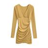 Sexy Deep V-Neck Pleated Slimming Mini Dress for Women - Autumn and Winter Base Layer