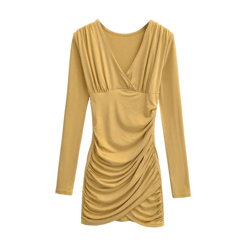 Sexy Deep V-Neck Pleated Slimming Mini Dress for Women - Autumn and Winter Base Layer