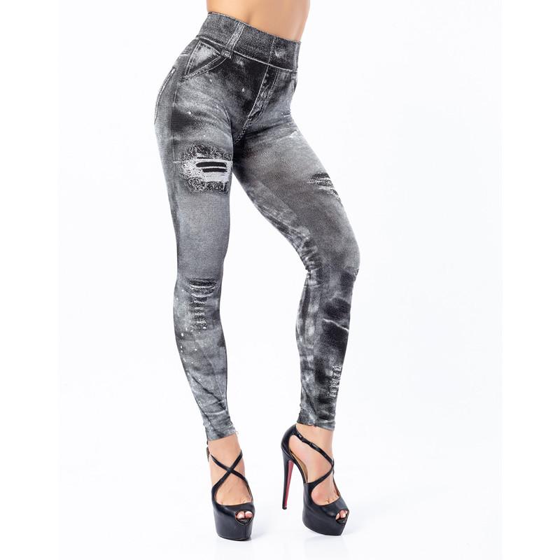 Women Stretchy Imitation Jeans Denim Leggings High Waist Skinny Pants