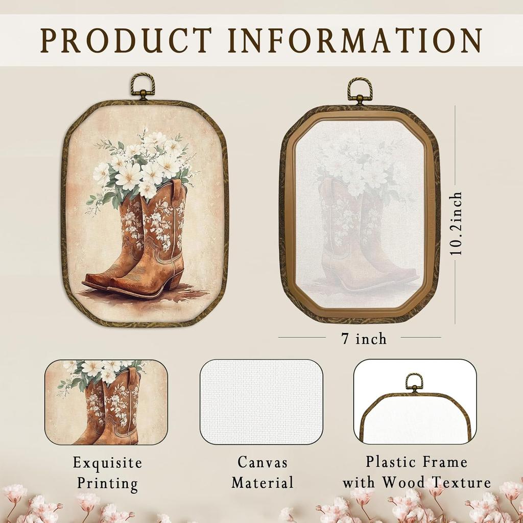 Nvucamd Vintage Western Cowgirl Wall Art Decor Framed, Preppy Western Octagon Canvas Prints Wall Art, Rustic Country Floral Cowgirl Boots Hanging