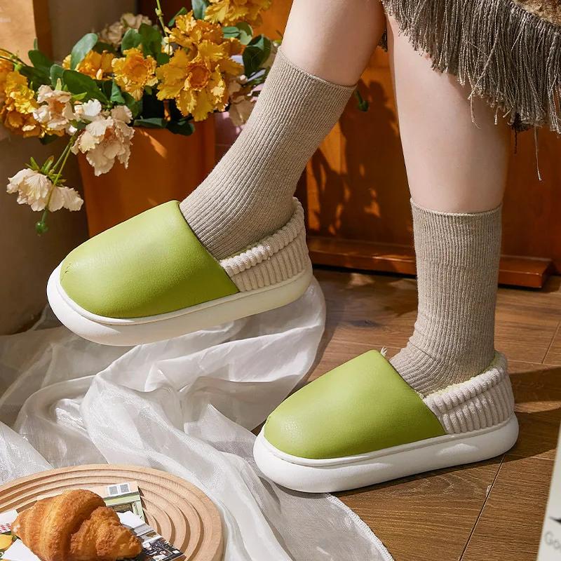Fashion Comfort Soft Sole Plush Slippers Women Winter Closed Toe Pu Leather Indoor Slides Woman Casual Warm Couple Cotton-Padded Shoes