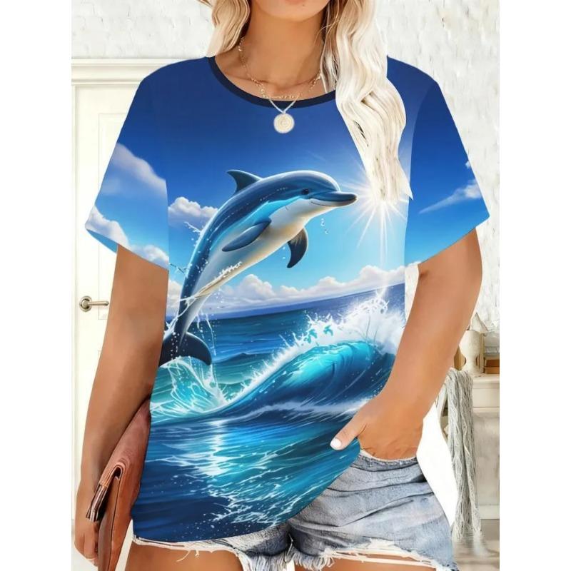 Summer Ladies 3D Dolphin Print Crew Neck T-Shirt