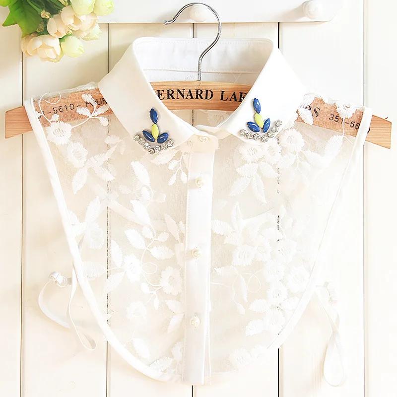 Linbaiway Embroidery Cotton Fake Collars for Women Removalbe False Collar Blouse Rhinestone Clothes Female Detachable Neckwear