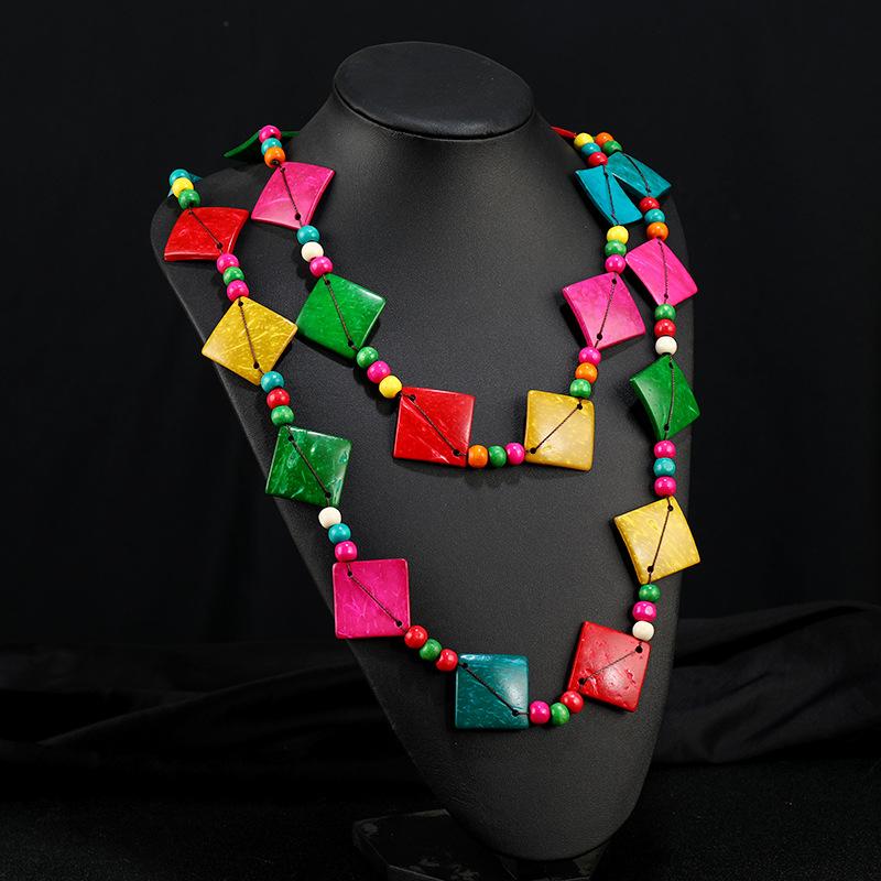 

Богемное цветное кокосовое дерево ожерелье женское винтажное двухслойное многоярусное длинное подвеска аксессуары