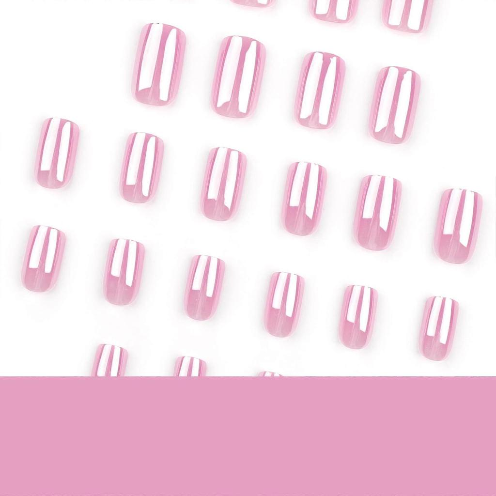 Short Square Pink Chrome Press On Nails with Glossy Gel Finish, Reusable Nude Fake Nails Set 24pcs
