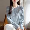 Women's Wool Beaded Round Neck Knit Cardigan Sweater - Fashionable Hollow Out Design