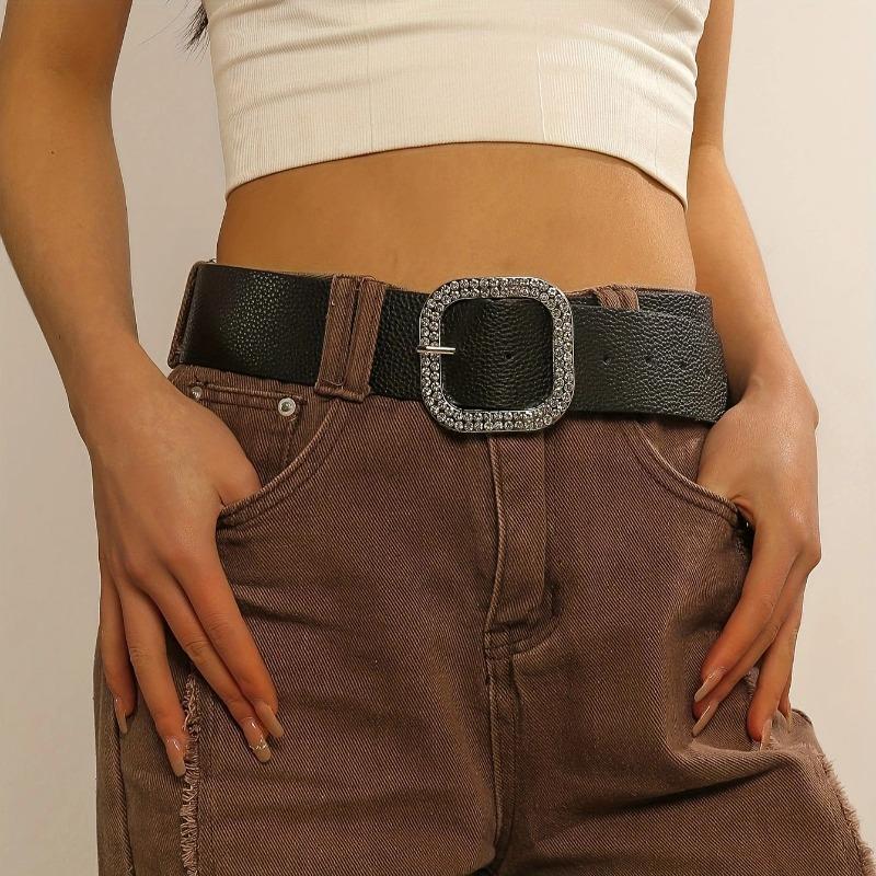 

Women s rhinestone square buckle belt - minimalist solid color smooth pu leather belt чёрный