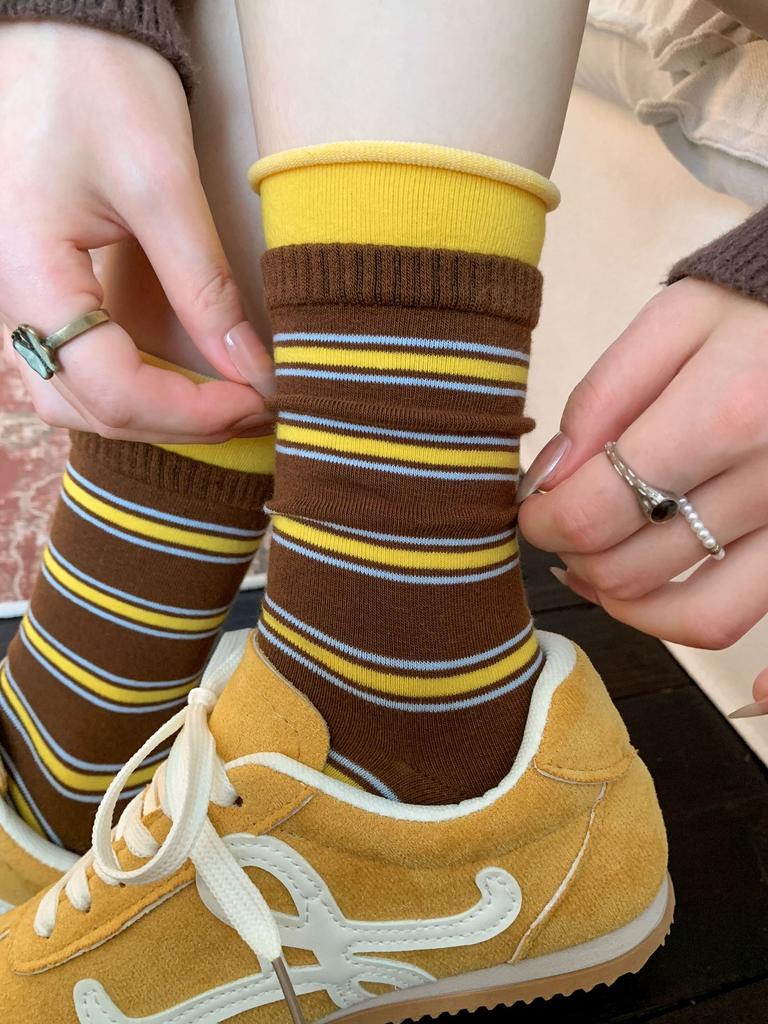 Splicing Striped Socks Children'S Medium Tube Socks Spring And Autumn Tide Contrasting Color Niche Stacking Stockings
