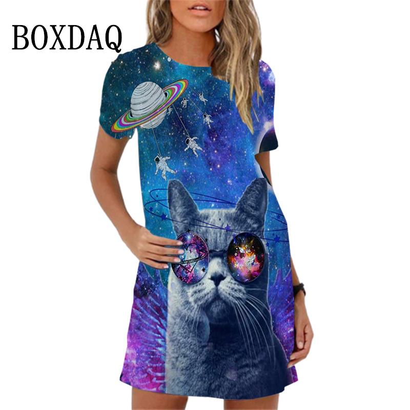 2026 Summer Women's Dress Funny Cat Print O-Neck Short Sleeve Loose Mini Dresses Casual Female Sweet A-Line Sundress Vestidos