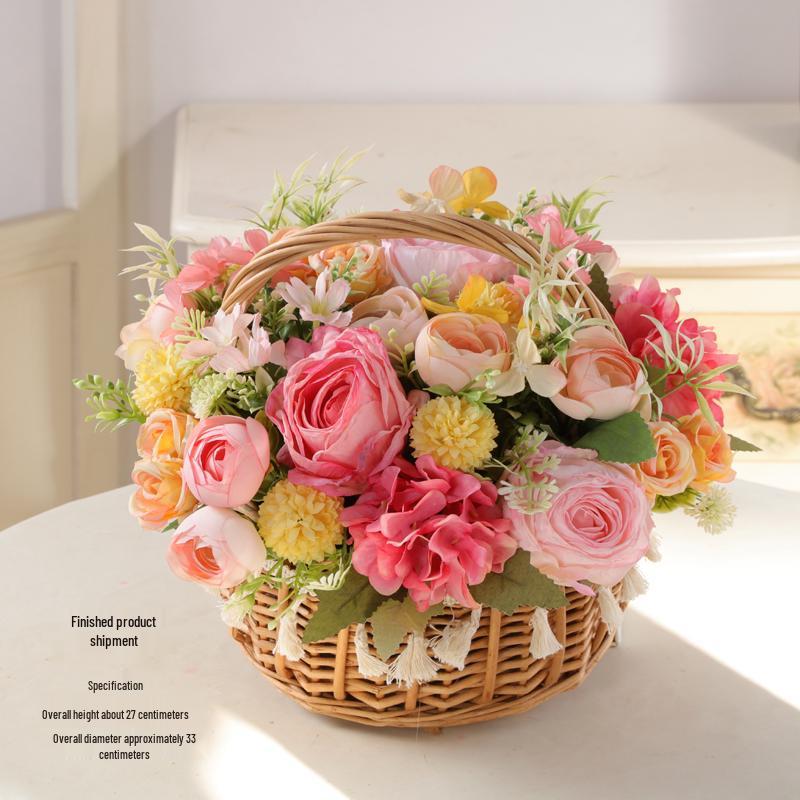 Floral Pastoral Wood Art: Straw, Willow, Rattan Weaving with Artificial Flowers and Basket Ornaments for Home and Living Room Décor