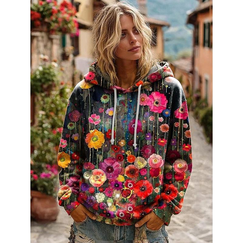 JKASHDK Women's Fashion Casual Flower Pattern Print Long Sleeve Hooded Hoodies & Sweatshirts