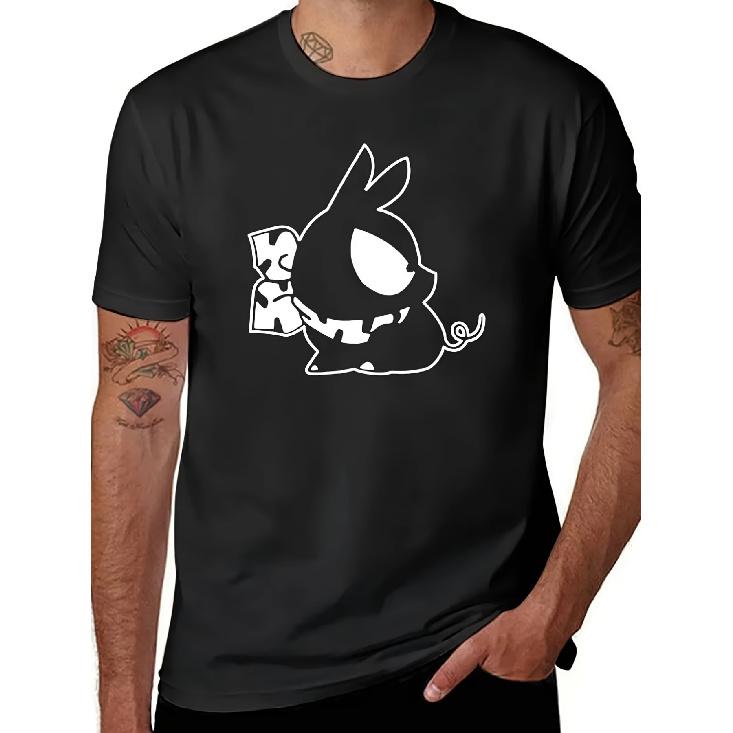 Men S Anime-Inspired T-Shirt | Black & White Japanese Manga Graphic Tee with Cute Character, Casual Round Neck, Short Sleeve, Machine Washable, S чёрный