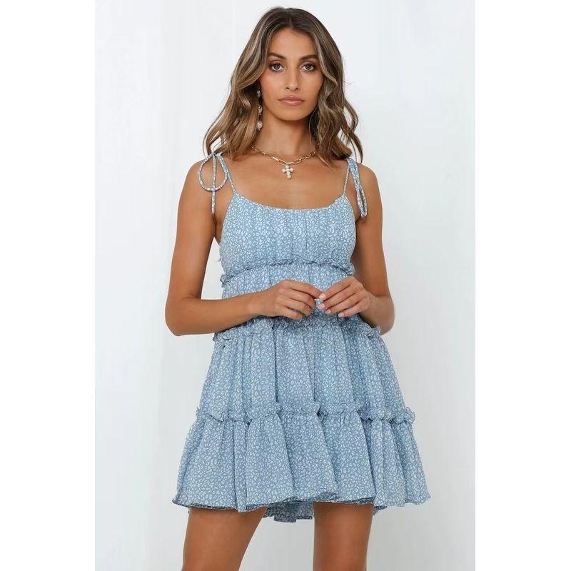 

Western Style Sexy Print Sling Backless Beach dress Printed Suspend Sexy Dress Blue dots 2XL