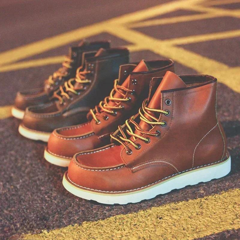 Pánské boty Americké retro boty na nářadí Ležérní Crazy Horse Kožené vintage pánské šněrovací kotníkové boty Hombre Zapatillas Hombe