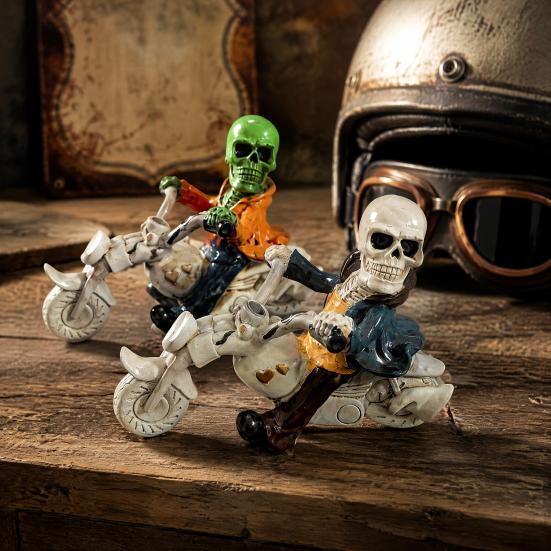 Unique Motorcycle Enthusiast Gift Halloween Skeleton Riding Figurine, Gothic Spooky Statue for Home Gifts Skull Collectors Garden, Resin Biker