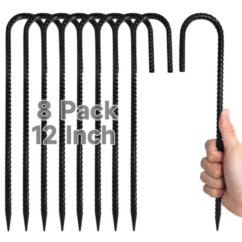 Camping Tent Stakes with a Pointed Ground End and J-Bend Head, Steel 8-Piece Set for Shelter Cord, Tarps, and Canopies