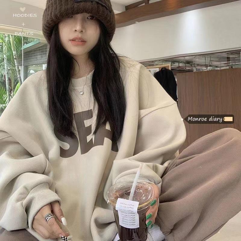 Women's Crew Neck Long Sleeve Sweatshirt Oversized Loose Letter Print Fleece Lined Casual Pullover For Autumn