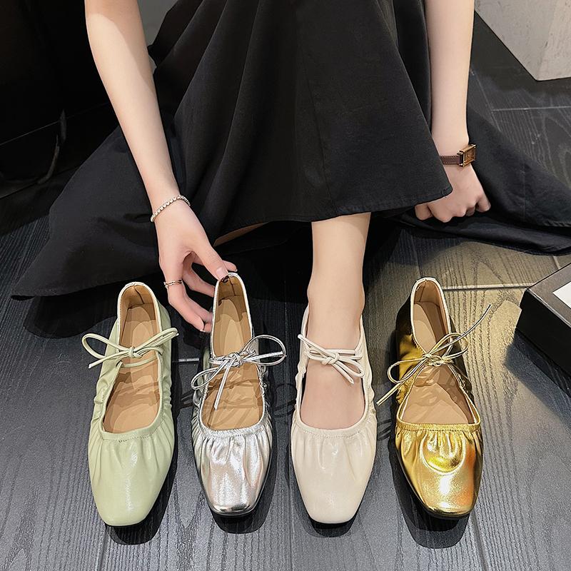 Fashion Women Flat Shoes Genuine Leather Sheepskin Comfort Flats Slip On Silver Beige Simple Shoes Spring Autumn Soft Loafers Square Toe