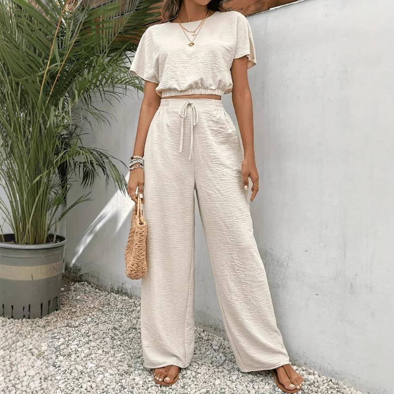 

Women s Summer Round Neck Short Sleeve Solid Color Top Long Pants Set