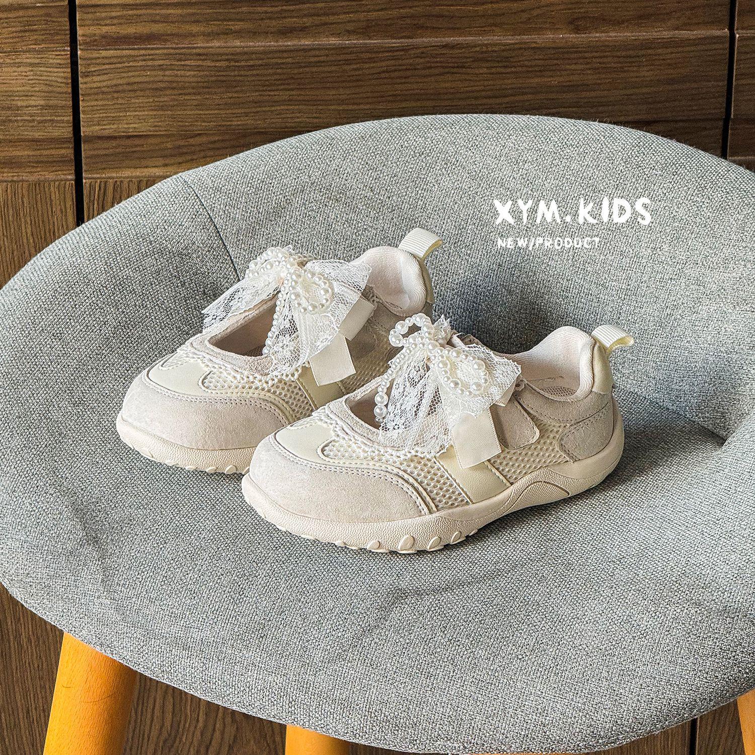 Spring 2026 Korean Style Children s Pearl Bow Princess Shoes 26 бежевый