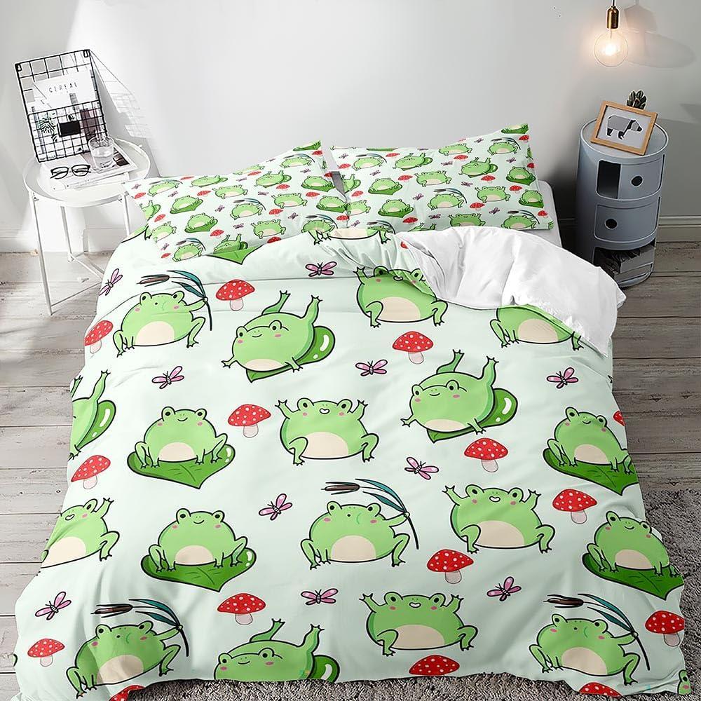Cartoon Frogs And Mushroom Bedding Set Christmas Duvet Cover Set Single Twin Queen King Size No Filling Birthday Gift For Kids