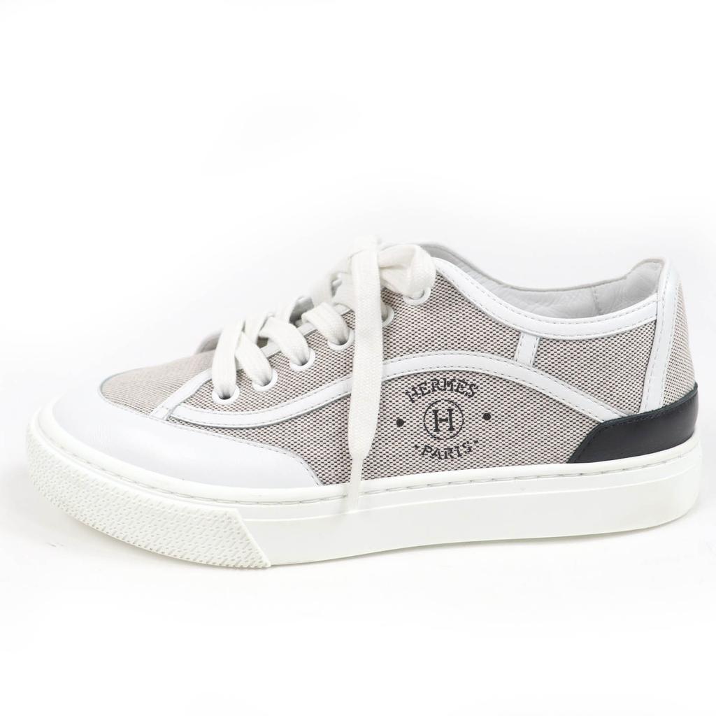 Great HERMES Low Cut Sneakers Get Using Leather White Gray Fabric Women 35 Used