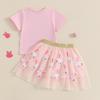 Toddler Girl Easter Outfit Letter Embroidery Short Sleeve Crew Neck Tops with Sequin Bunny A-Line Skirt 2Pcs Set