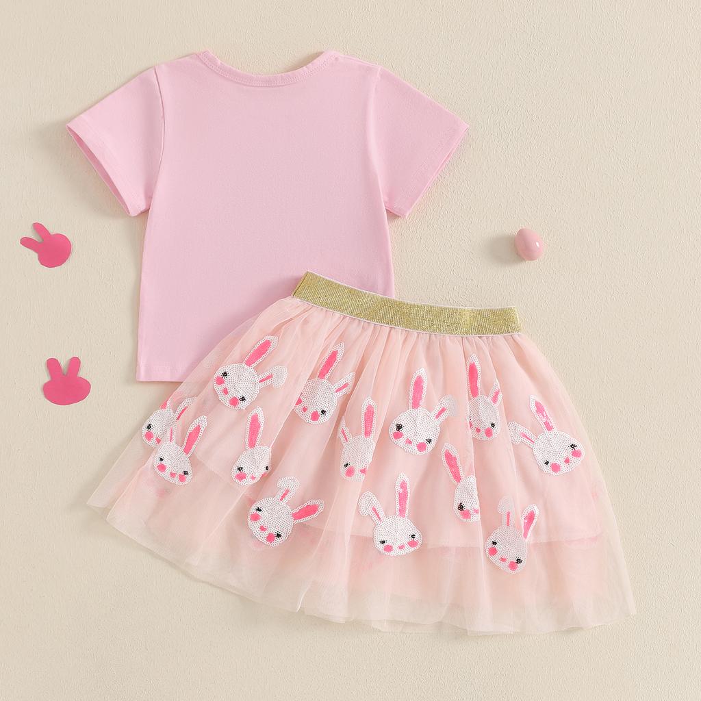 Toddler Girl Easter Outfit Letter Embroidery Short Sleeve Crew Neck Tops with Sequin Bunny A-Line Skirt 2Pcs Set