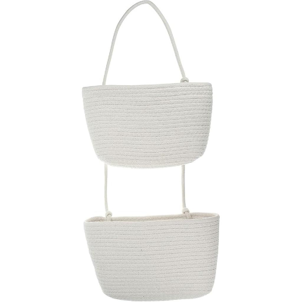 PATIKIL Hanging Basket Over The Door, 2-Tier Hanging Woven Cotton Rope Wall Mounted Storage Baskets Organizer Decorative for Books Flowers Closet