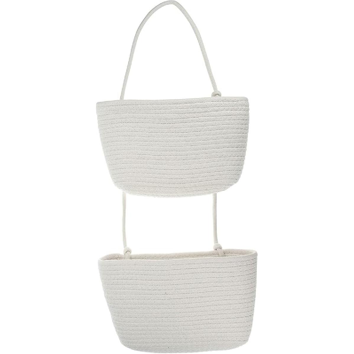 PATIKIL Hanging Basket Over The Door, 2-Tier Hanging Woven Cotton Rope Wall Mounted Storage Baskets Organizer Decorative for Books Flowers Closet