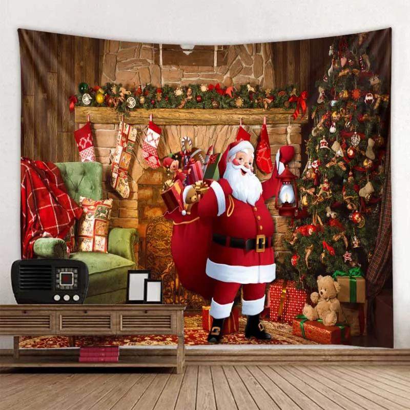 Christmas Tapestry Funny Santa Claus Xmas Tree Balls Gifts Fireplace Home Decor Art Wall Hanging for Dorm Bedroom Living Room