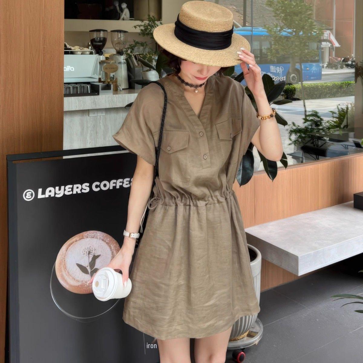 

Women s Mid-Length Drawstring Waist Dress - Summer Casual Slimming Short Sleeve, Plus Size Available M (80-100 jin) кофейный
