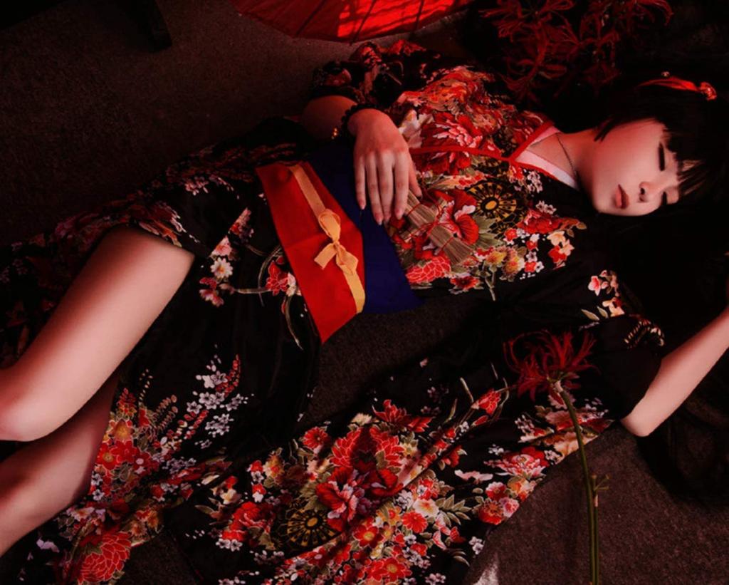 Japanese Hell Girl Long Floral Black [Lady Lazy] Clothes, Cosplay, Yukata, Pattern, Furisode, (S)