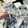 French Vintage Print Lapel Dress Women's Short Sleeve Floral Print High Waist Belt Office Lady Maxi Clothing Female