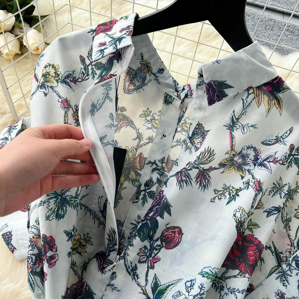 French Vintage Print Lapel Dress Women's Short Sleeve Floral Print High Waist Belt Office Lady Maxi Clothing Female