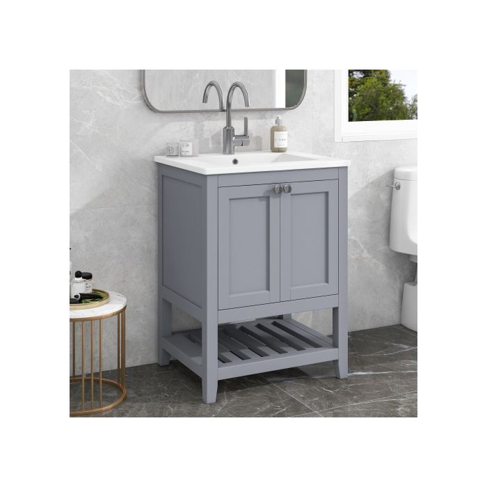 Meuble de salle de bain - MUVOE - 60cm - Lavabo en céramique - Gris clair - Design contemporain