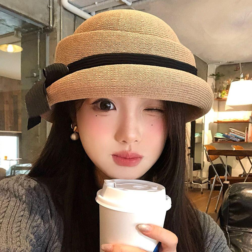 Bowknot Hepburn Style Formal Hat Knitted Fisherman Hat Fashion Bow Topper Hat Streetwear