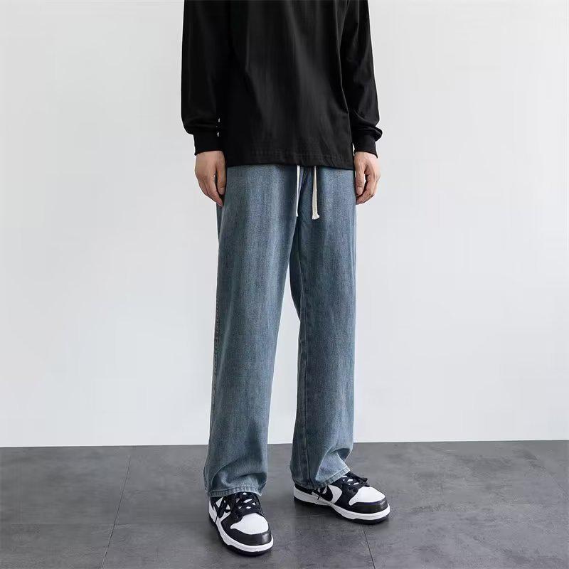 Men's Japanese-Style Light Drawstring Jeans: Elastic Waist, Loose Straight, Wide-Leg, Casual Floor-Length Pants