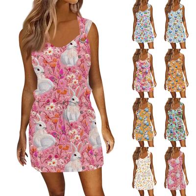 Robe Décontractée Mode Femme Imprimée Pâques Sans Manches Cordon de Serrage Avec Poches