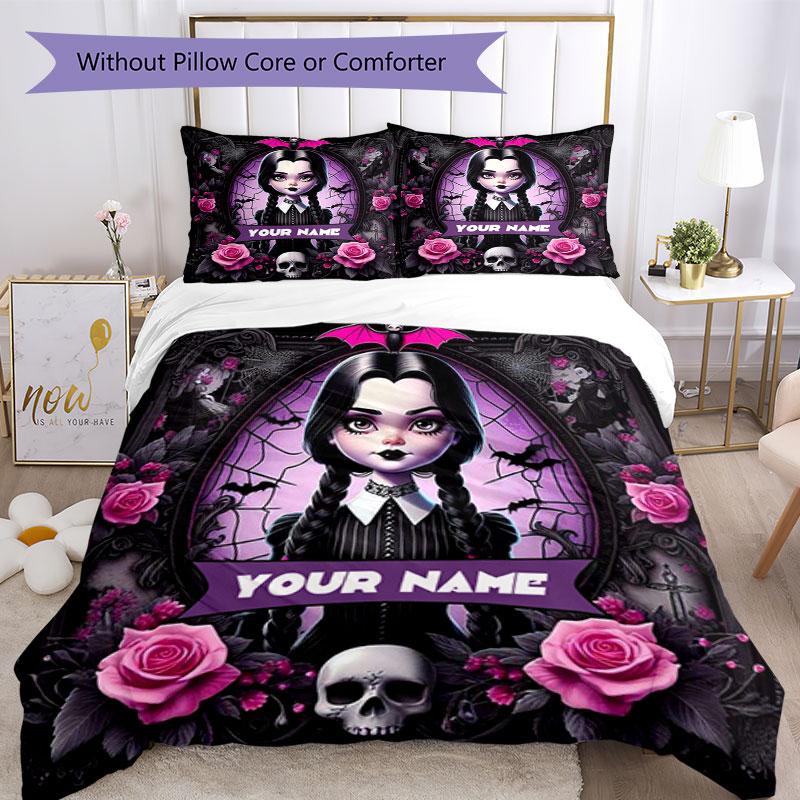 3PC Custom Name Gothic Halloween Portrait Bedding Set Printed Bedding Set Duvet Cover Closure Includes 1 Duvet Cover & 180 Pillowcases for Bedroom