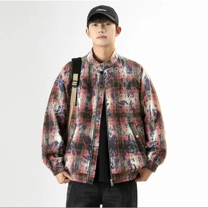 

Мужская клетчатая куртка весна-осень, модная универсальная свободная куртка в американском кэжуал стиле с эффектом тай-дай 4XL