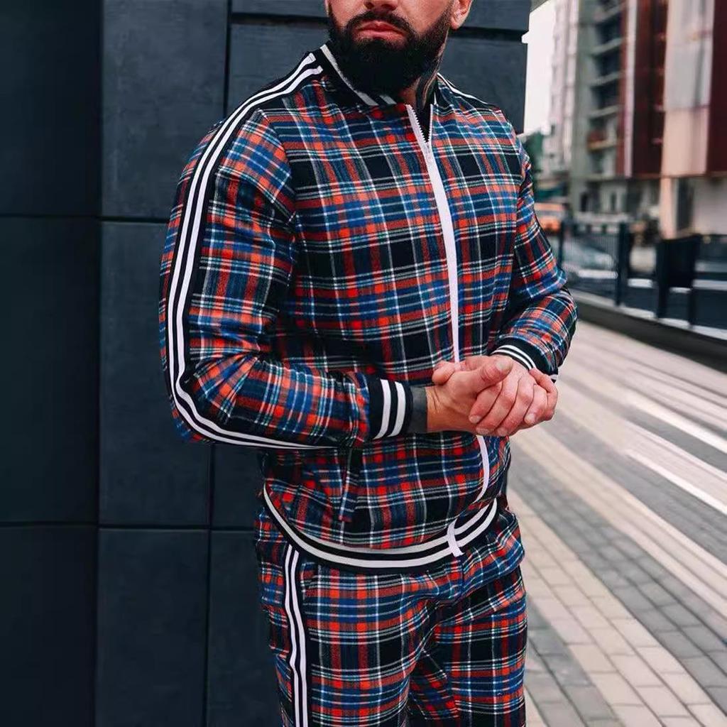 Autumn Men's Casual Plaid Sport Suit: Zip-Up Jacket & Long Pants Two-Piece Set