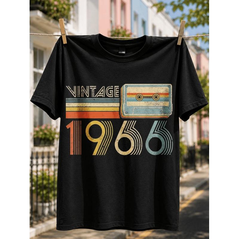 Retro Vintage Stil Herren T-Shirt 1966 Kassettenband Design Sommer Freizeitkleidung Geschenk für Geburtstag Jubiläum Lockere Passform Rundhalsausschnitt Mode Neue Ankunft