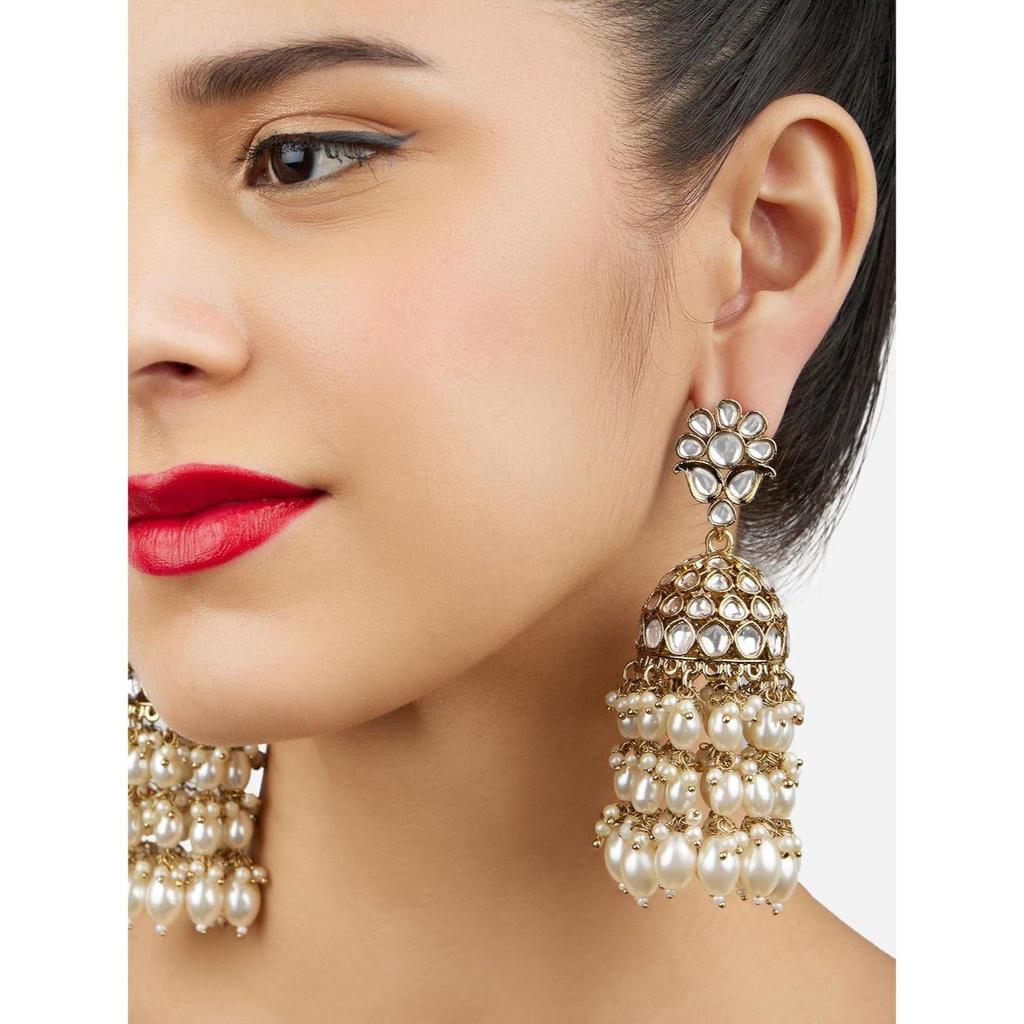 Gold Tone Kundan & Cluster Pearl Drop Traditional Jhumka Earring For Women