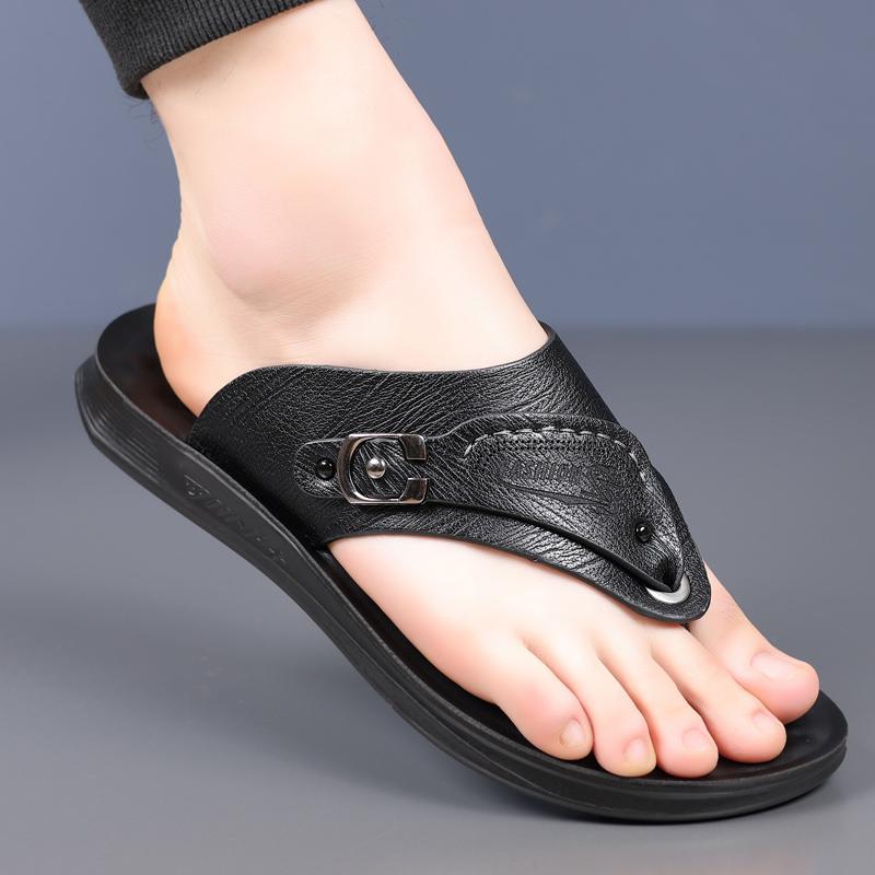 Fashion Summer Handmade Leather Slippers Trendy Fashion Men's Flip-flops Thick Soled Outdoor Breathable Comfortable Simple Men Slippers