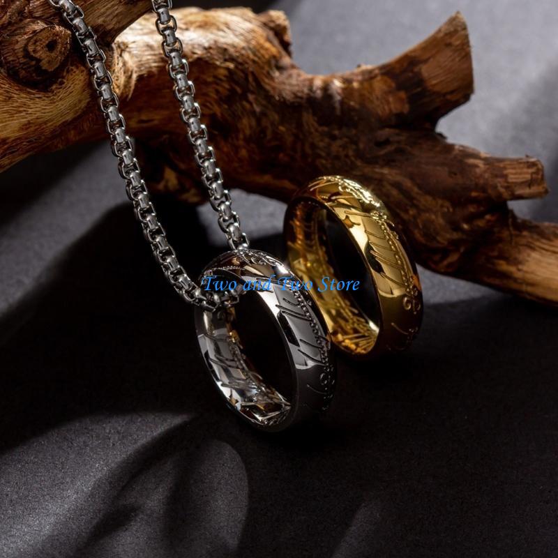 HX6F Titaniums Steel Retro Finger Ring Necklace Handmade Neckchain for Women and Men