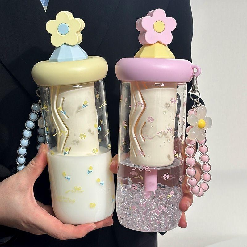 Söta Blommig Te-glas med Sugrör Tumbler Glas Vattenflaska För Flickor Stor Kapacitet Kaffe Juice Koppar Drickkärl