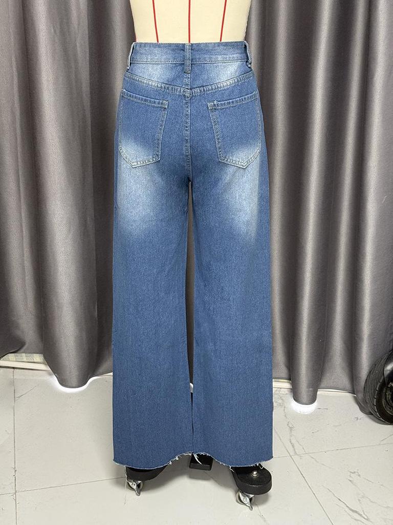 2025 Summer High Waist Ripped Jeans: Women's European & American Street Style, Loose Straight Wide-Leg Pants