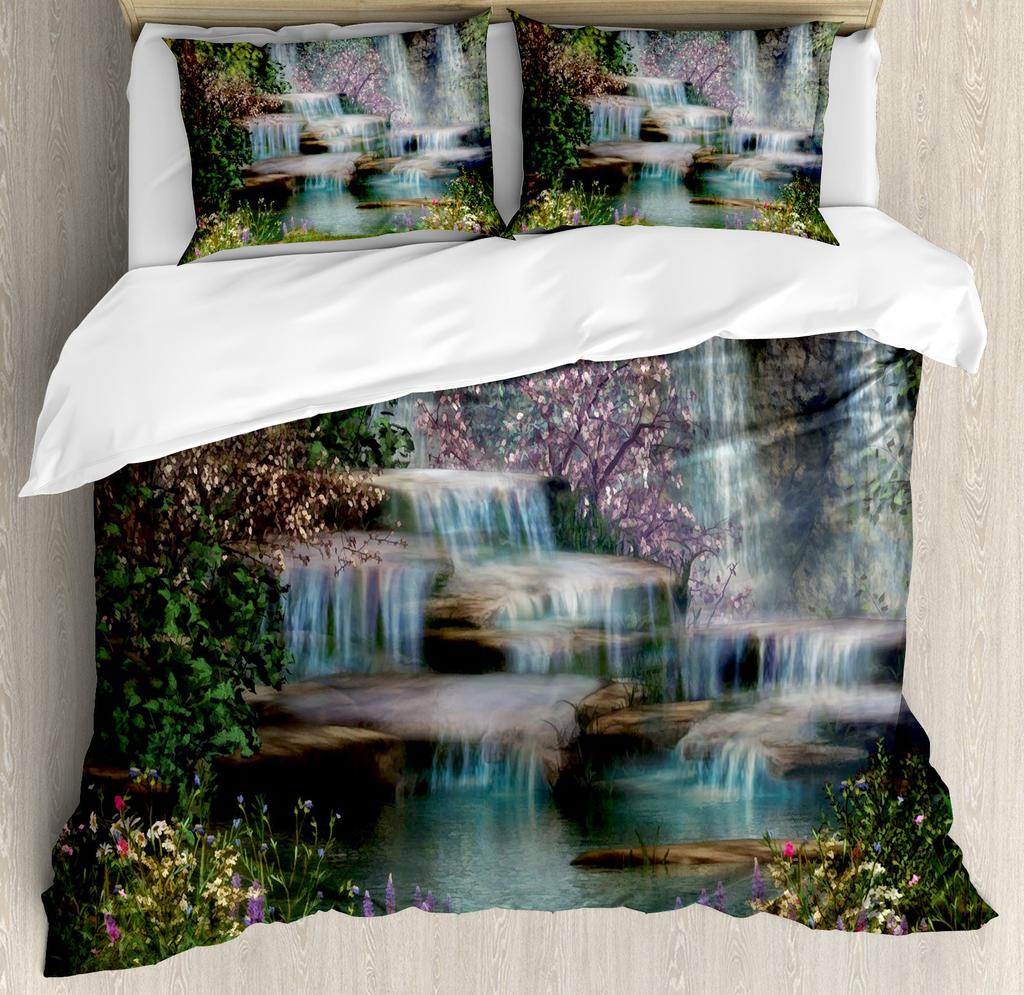Waterfall Duvet Cover Sets For Teens Adults Queen Quilt Covers Lightweight Down Room Decor 2 Pillowcases 1 Duvet Cover No Quilt